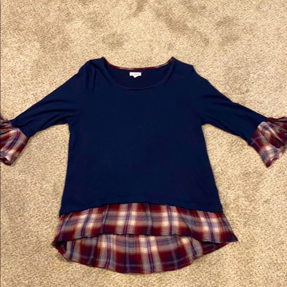 Blue Long Sleeve Sweater with Plaid